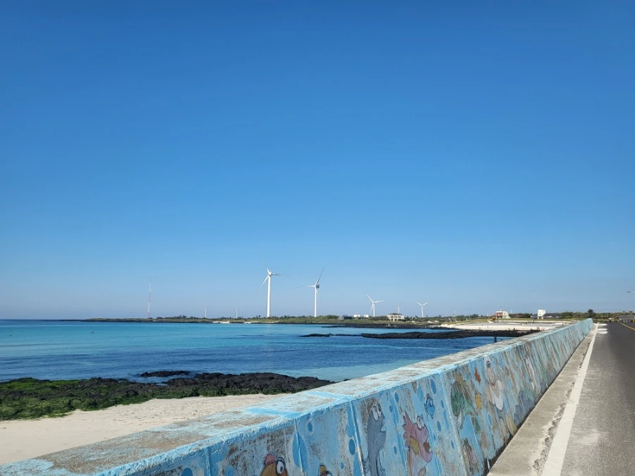 Wind turbines standing over shallow turquoise water beyond a painted sea wall