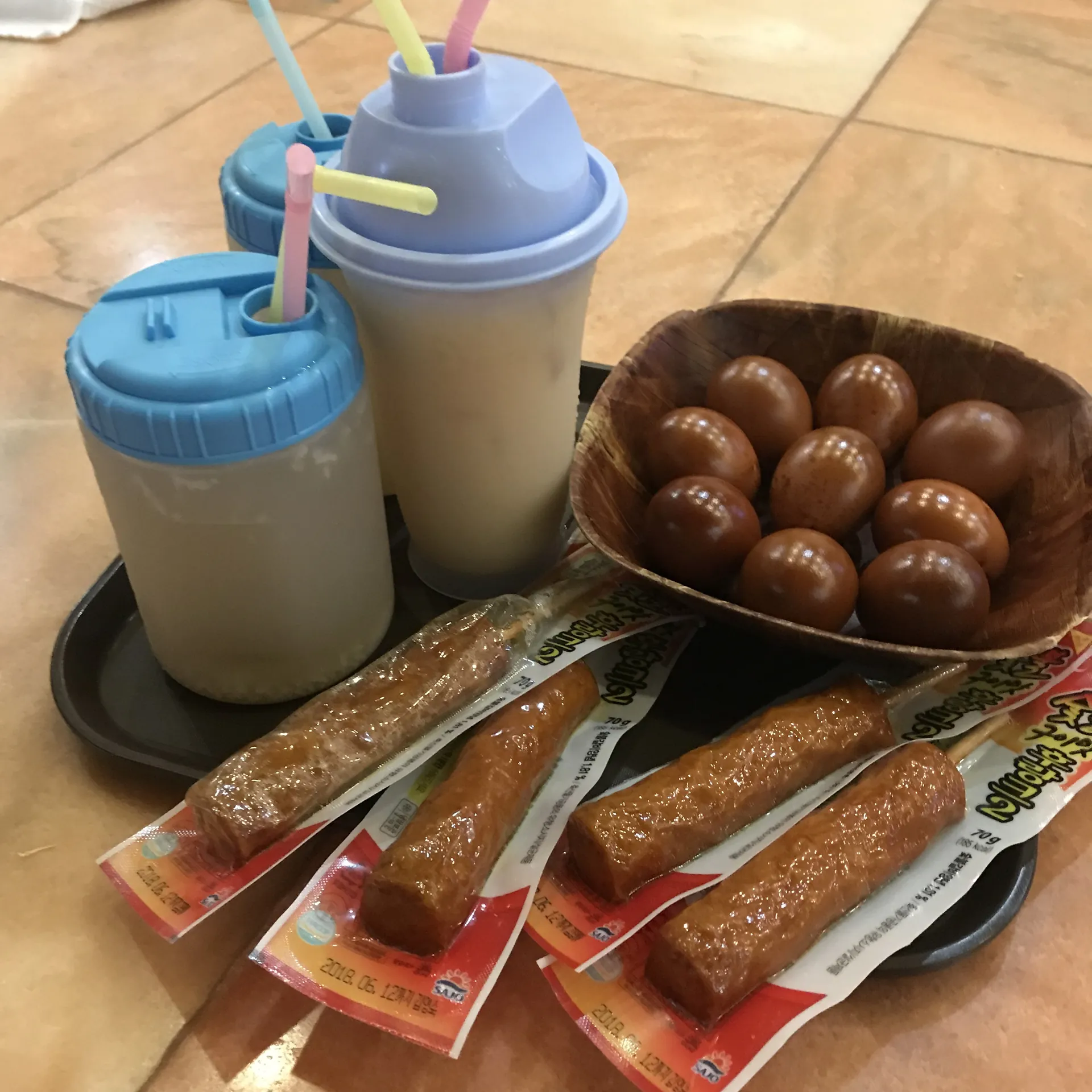 Boiled eggs and rice drink at a jjimjilbang