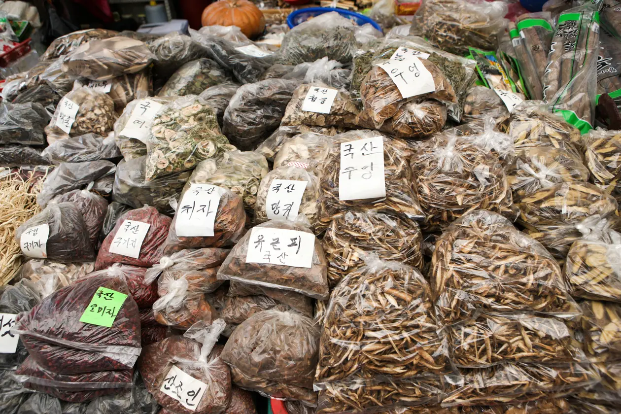 More than thirty bags of dried roots and peel stacked with handwritten paper labels