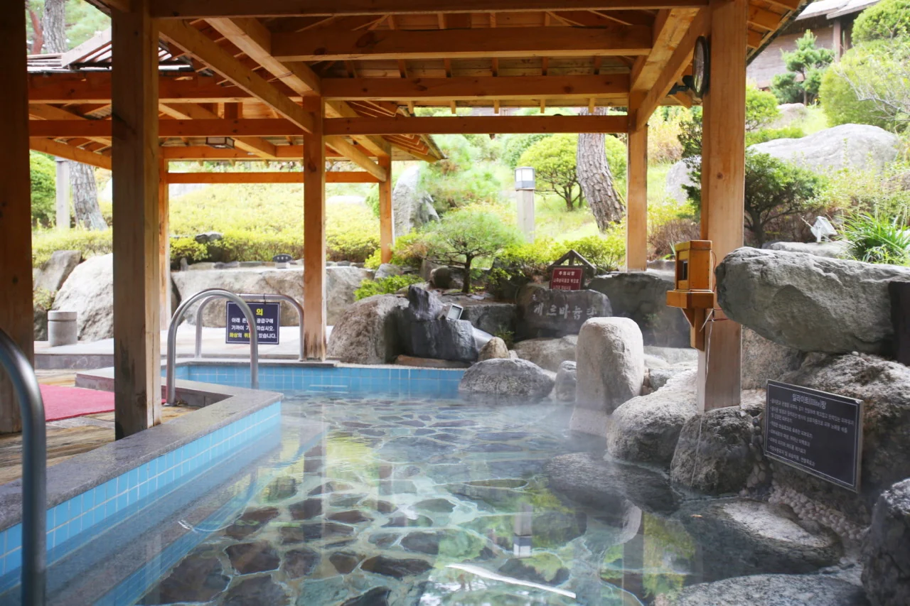 An open-air stone bathing pool under a timber pavilion, with clear water and planted rocks around it