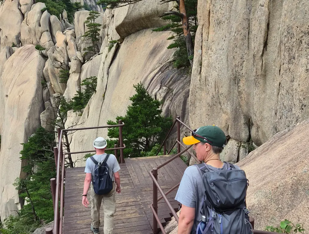 Two walkers with backpacks climbing a railed timber stairway between granite walls