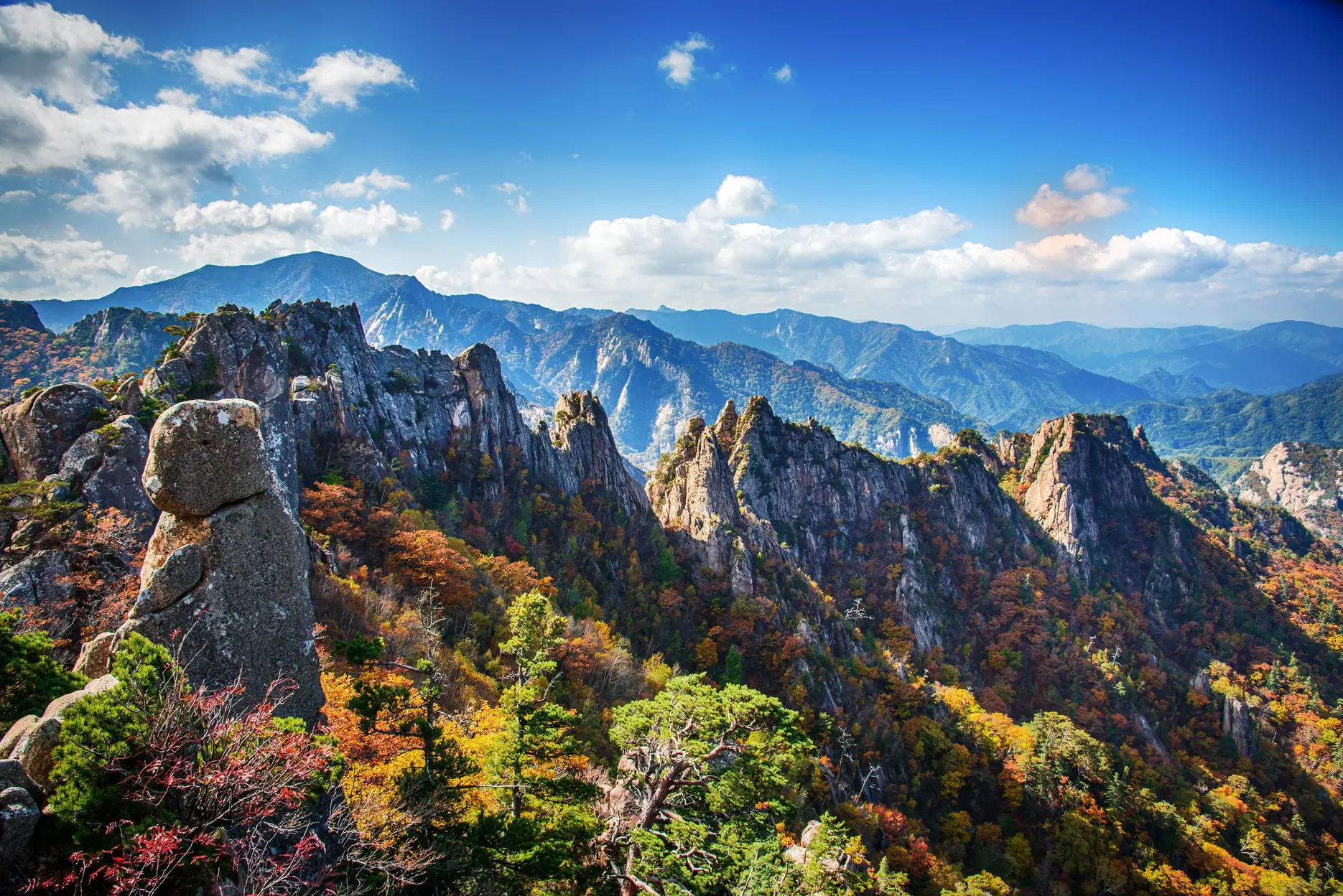 Rocky ridges and pinnacles above forested slopes turning red and gold, with mountain ranges behind